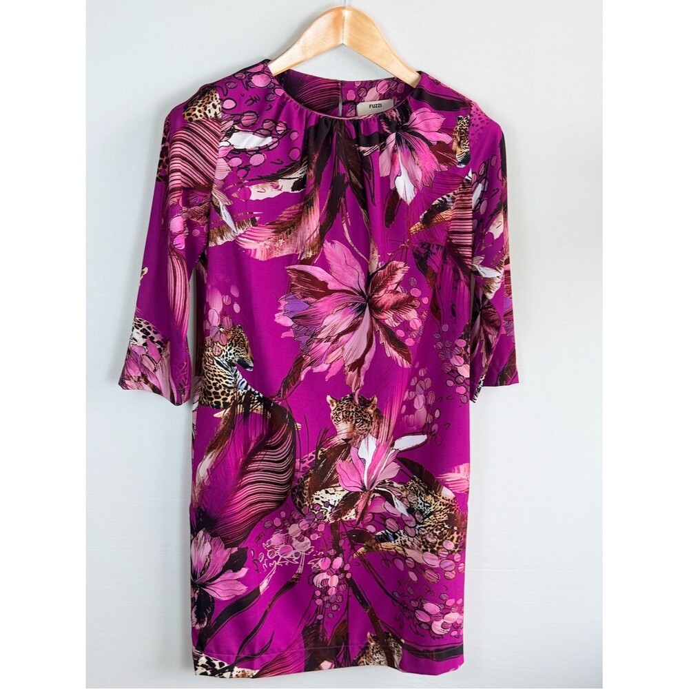 FUZZI Italy Azalea Leopard Floral Print Shift Dress Size IT 40 Small